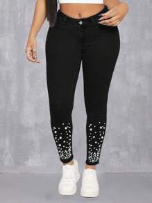 Pearls Beaded Skinny Pants - Black - View 1