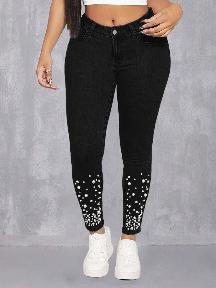 Pearls Beaded Skinny Pants - Black - View 1