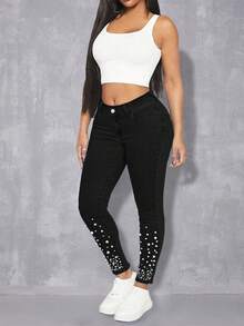 Pearls Beaded Skinny Pants - Black - View 4