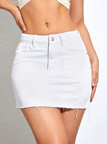SHEIN ICON Solid Raw Hem Denim Skirt Y2k - White - View 5