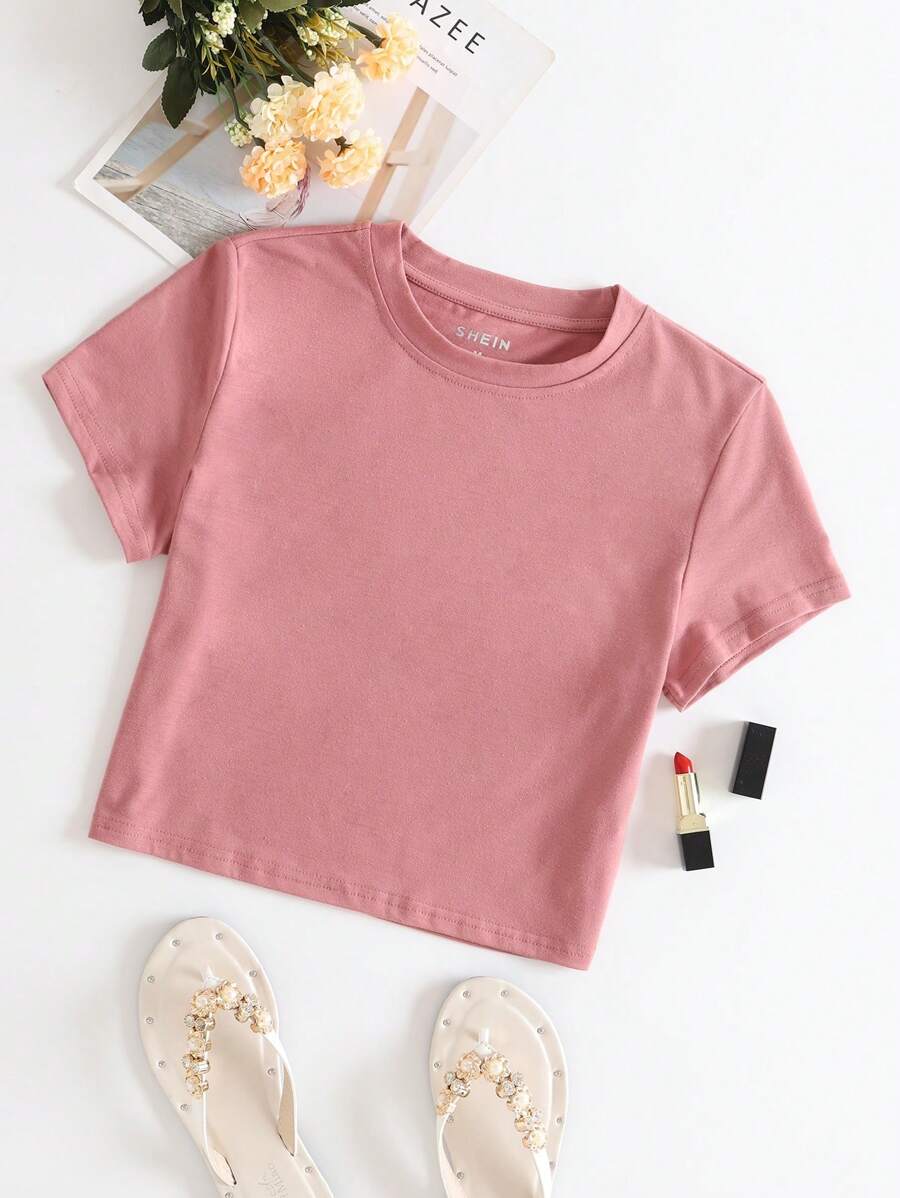 INAWLY Solid Round Neck Tee - Dusty Pink - View 1