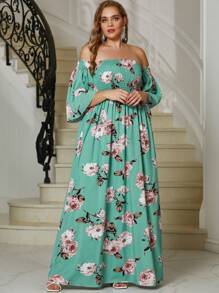 YISIKADO Váy hở vai in hoa cỡ lớn tay chuông - màu xanh lá - Xem 1