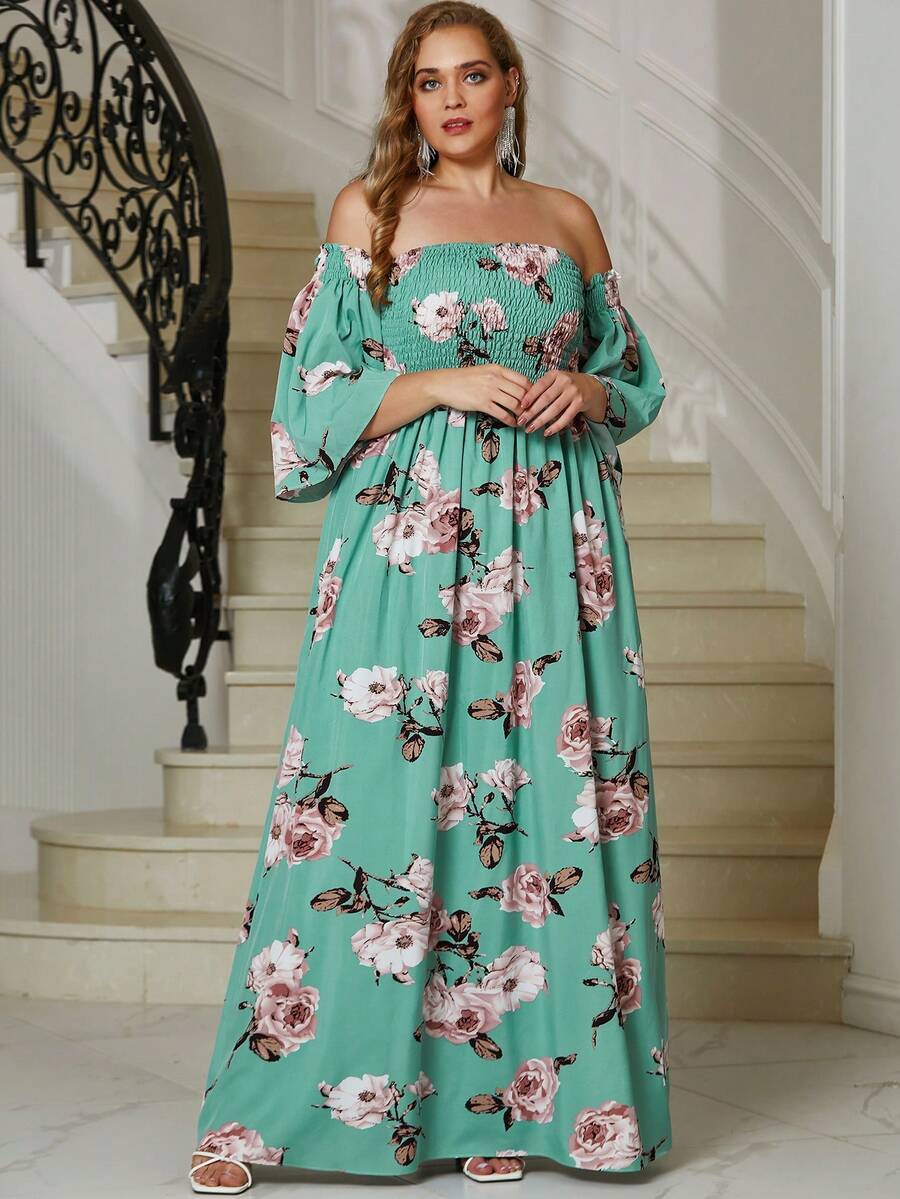 YISIKADO Váy hở vai in hoa cỡ lớn tay chuông - màu xanh lá - Xem 1