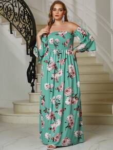 YISIKADO Váy hở vai in hoa cỡ lớn tay chuông - màu xanh lá - Xem 3