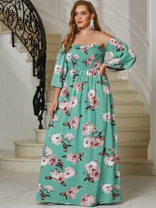 YISIKADO Váy hở vai in hoa cỡ lớn tay chuông - màu xanh lá - Xem 4