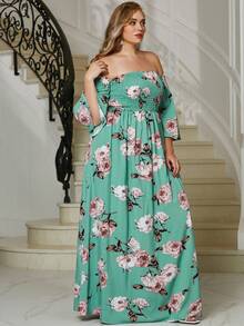 YISIKADO Váy hở vai in hoa cỡ lớn tay chuông - màu xanh lá - Xem 5