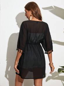 Swim Vcay 流蘇邊前繫帶和服罩衫 - 黑色 - 查看 2