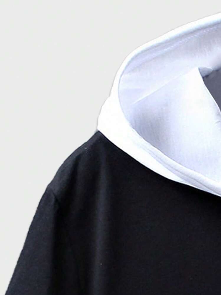 ROMWE MEN Prep ผู้ชาย เสื้อยืด ภาพกราฟิกตัวอักษร ฮูด - สีดำ - ดู 4