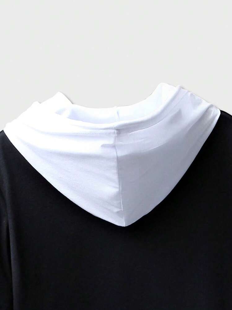 ROMWE MEN Prep ผู้ชาย เสื้อยืด ภาพกราฟิกตัวอักษร ฮูด - สีดำ - ดู 5