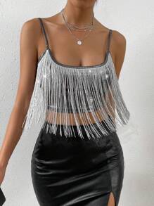 Allurite 流蘇邊吊帶上衣 - 銀色 - 查看 5