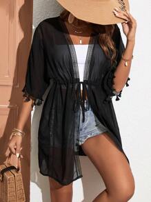 Swim Vcay 流蘇邊前繫帶和服罩衫 - 黑色 - 查看 4