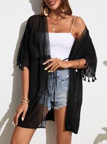 Swim Vcay 流蘇邊前繫帶和服罩衫 - 黑色 - 查看 5