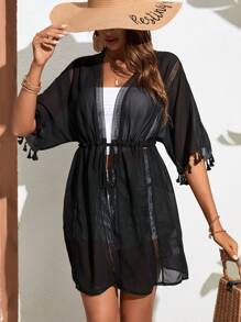 Swim Vcay 流蘇邊前繫帶和服罩衫 - 黑色 - 查看 6