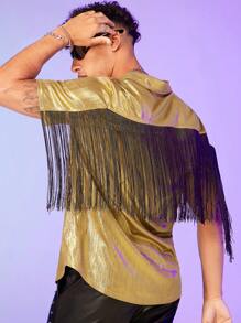 GENTILAND Men Fringe Trim Metallic Shirt - Gold - View 1