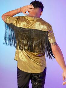 GENTILAND Men Fringe Trim Metallic Shirt - Gold - View 2