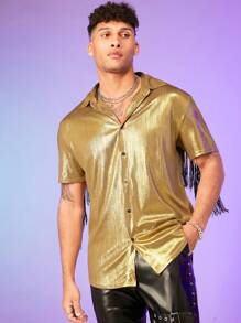 GENTILAND Men Fringe Trim Metallic Shirt - Gold - View 3