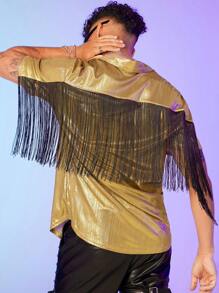 GENTILAND Men Fringe Trim Metallic Shirt - Gold - View 4