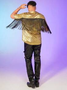 GENTILAND Men Fringe Trim Metallic Shirt - Gold - View 5