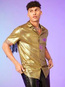 GENTILAND Men Fringe Trim Metallic Shirt - Gold - View 6