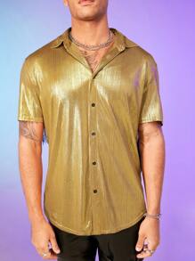 GENTILAND Men Fringe Trim Metallic Shirt - Gold - View 7