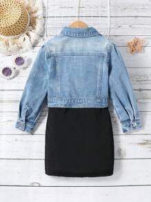 小女童1入組前紐扣翻蓋細節短款牛仔夾克 - 中等水洗藍 - 查看 2