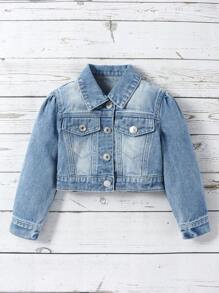 小女童1入組前紐扣翻蓋細節短款牛仔夾克 - 中等水洗藍 - 查看 1