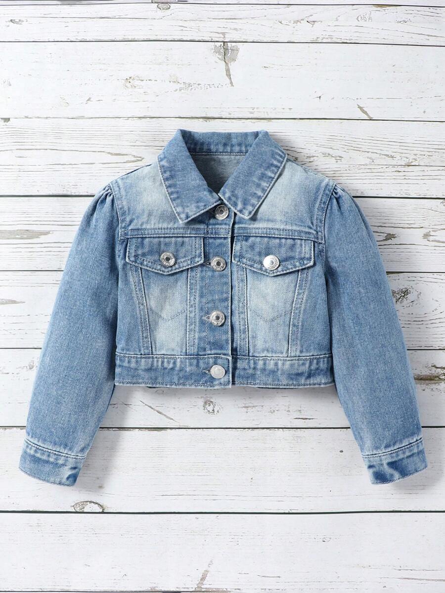 小女童1入組前紐扣翻蓋細節短款牛仔夾克 - 中等水洗藍 - 查看 1