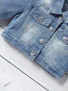 小女童1入組前紐扣翻蓋細節短款牛仔夾克 - 中等水洗藍 - 查看 4