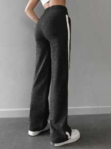 RueChic Contrast Tape Drawstring Waist Joggers - Black - View 2