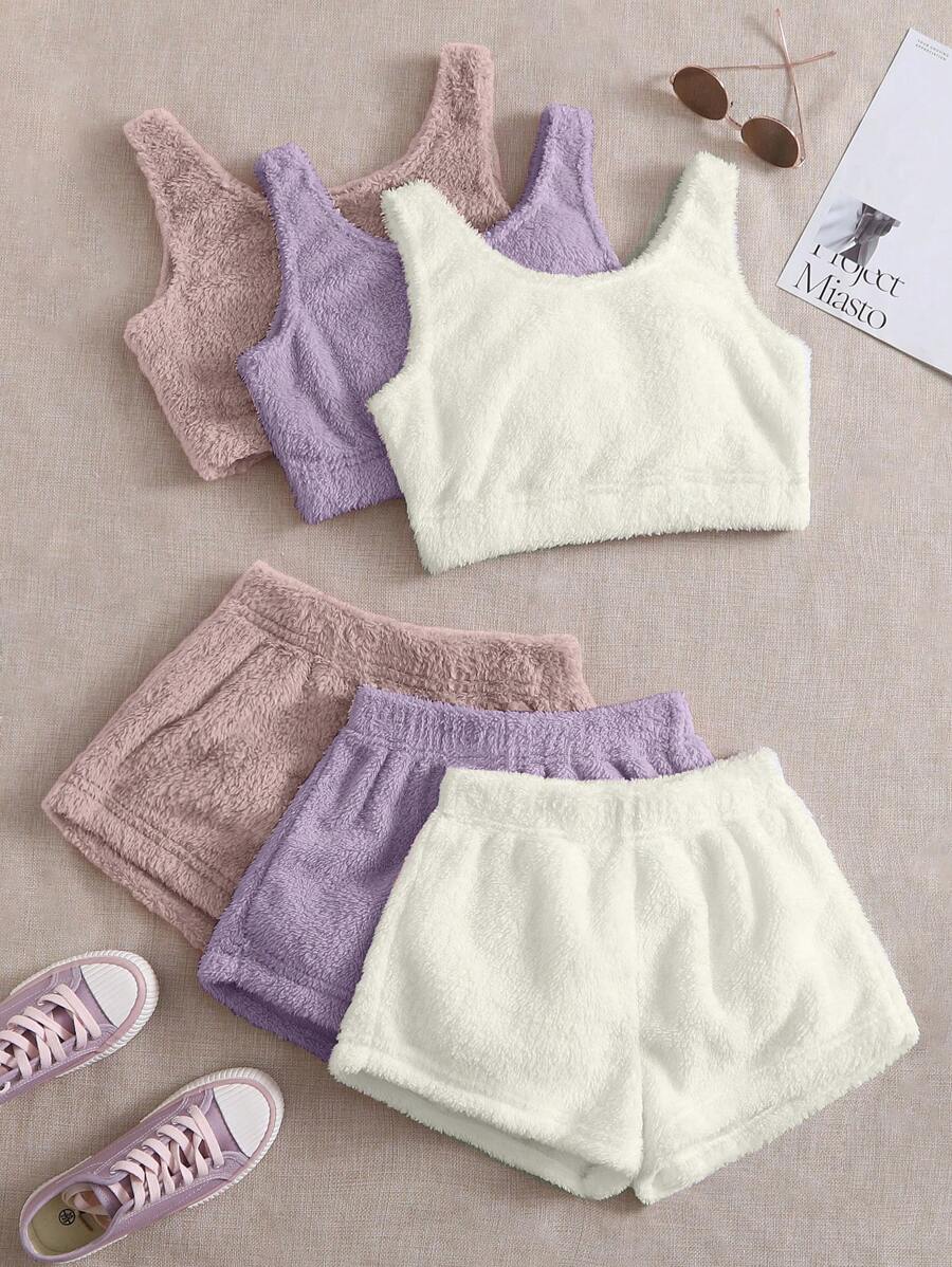 3pcs Solid Flannel Tank Top & 3pcs Shorts Lounge Set - Multicolor - View 1
