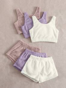 3pcs Solid Flannel Tank Top & 3pcs Shorts Lounge Set - Multicolor - View 2