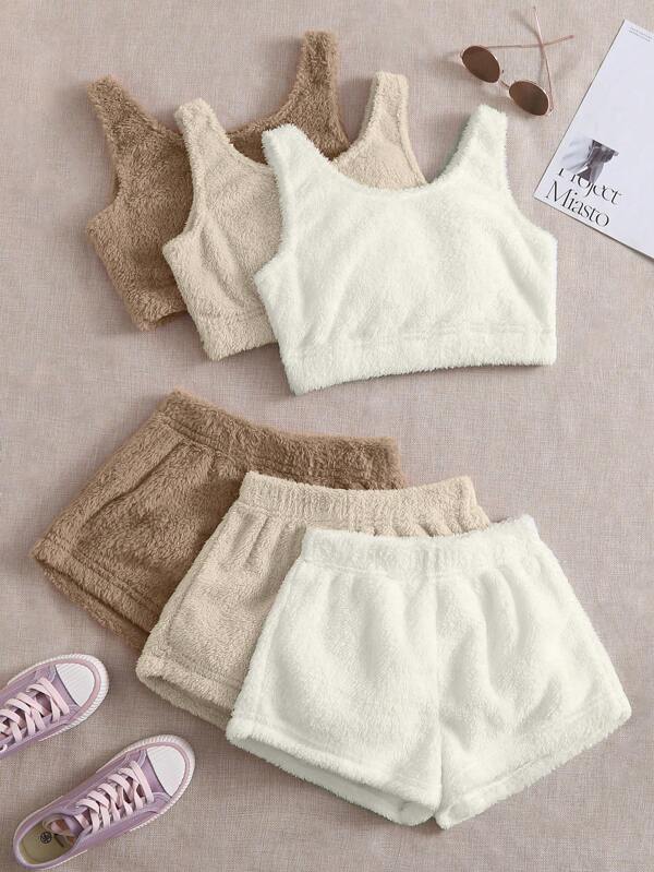 3pcs Solid Flannel Tank Top & 3pcs Shorts Lounge Set SHEIN UK