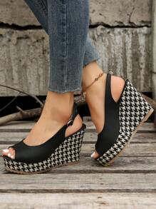 Black Houndstooth Platform Heels, French Style Wedge Fishmouth Shoes - Black - View 3