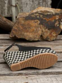 Black Houndstooth Platform Heels, French Style Wedge Fishmouth Shoes - Black - View 4