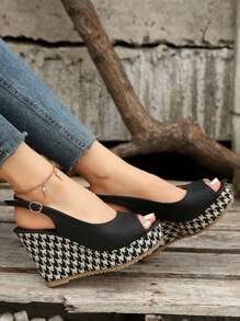 Black Houndstooth Platform Heels, French Style Wedge Fishmouth Shoes - Black - View 5
