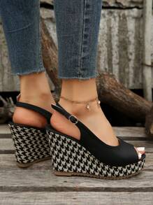 Black Houndstooth Platform Heels, French Style Wedge Fishmouth Shoes - Black - View 6