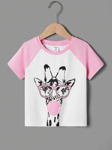 SHEIN Young Girls' Adorable Patchwork Cartoon Pattern Round Neck Pullover T-Shirt With Raglan Sleeves - Multicolor - View 1