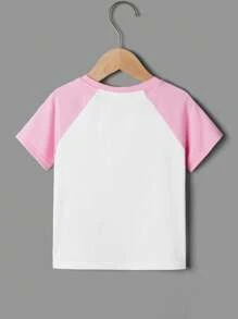 SHEIN Young Girls' Adorable Patchwork Cartoon Pattern Round Neck Pullover T-Shirt With Raglan Sleeves - Multicolor - View 2