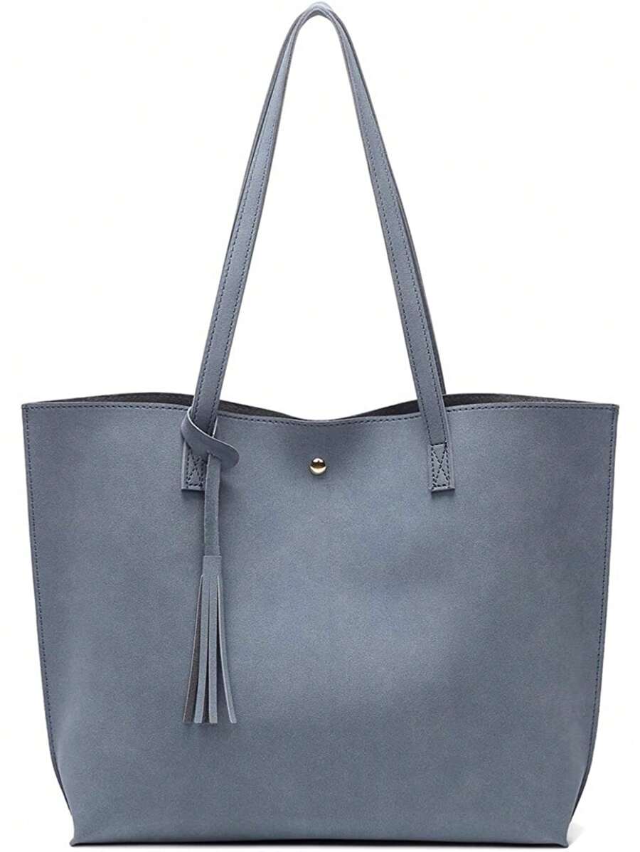 Túi Tote Đeo Vai Tối Giản Trang Trí Tua Rua Trung Bình - Màu xanh bụi bặm - Xem 1