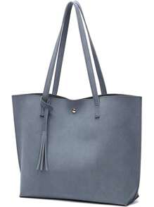 Túi Tote Đeo Vai Tối Giản Trang Trí Tua Rua Trung Bình - Màu xanh bụi bặm - Xem 2