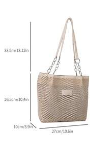 Letter Patch Decor Straw Bag Double Handle - Beige - View 2