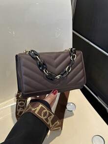 迷你方包時尚鋸齒紋衍縫鏈條裝飾翻蓋PU皮革 - 巧克力棕 - 查看 2