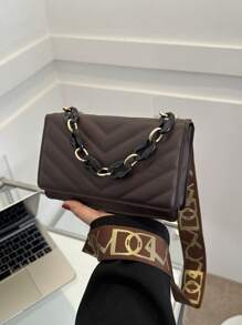 迷你方包時尚鋸齒紋衍縫鏈條裝飾翻蓋PU皮革 - 巧克力棕 - 查看 4