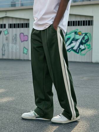 INFLATION Pantalones casuales con ajuste holgado, diseño retro y deportivo, con cintas para hombres