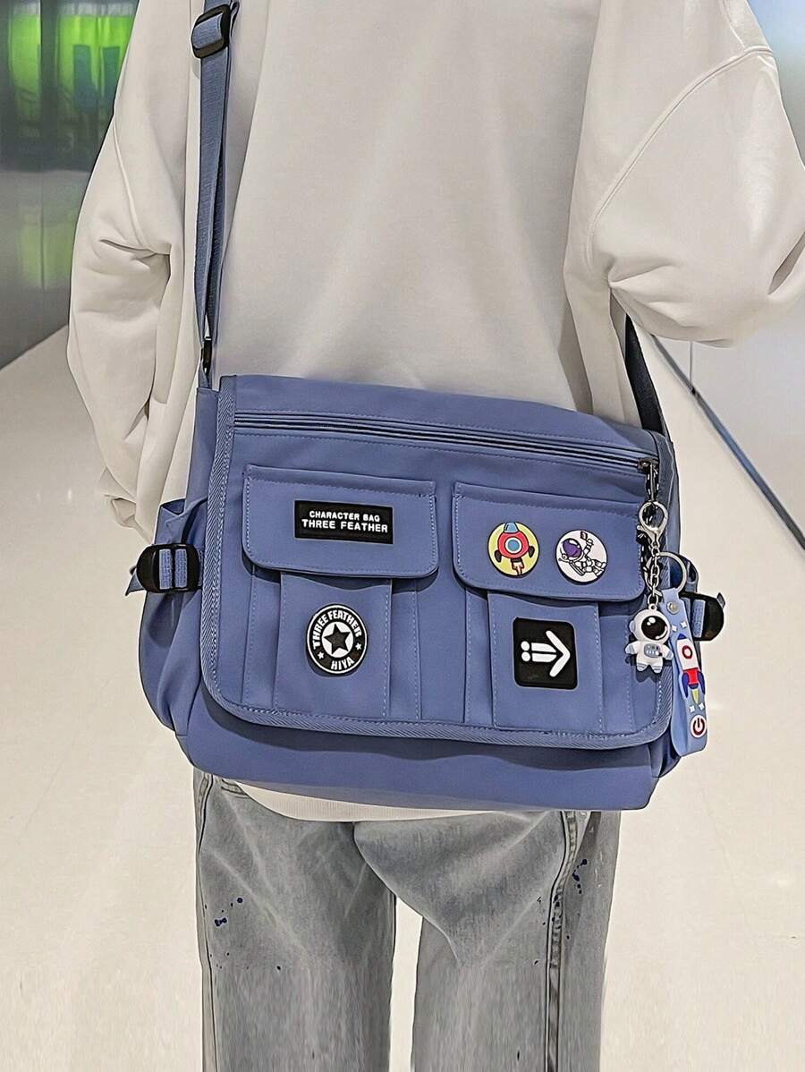 Túi Messenger Dây đeo có thể điều chỉnh màu trơn Preppy với huy hiệu ngẫu nhiên Túi đi học dành cho sinh viên mới tốt nghiệp, cô gái tuổi teen, sinh viên năm nhất, sinh viên năm hai, sinh viên năm cuối và trung học phổ thông, trường đại học và trung học phổ thông, hoàn hảo cho hoạt động ngoài trời, du lịch và quay lại trường học - Màu xanh lam - Xem 1