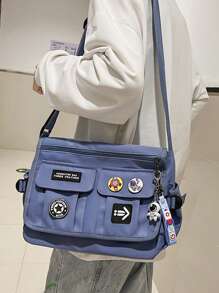 Túi Messenger Dây đeo có thể điều chỉnh màu trơn Preppy với huy hiệu ngẫu nhiên Túi đi học dành cho sinh viên mới tốt nghiệp, cô gái tuổi teen, sinh viên năm nhất, sinh viên năm hai, sinh viên năm cuối và trung học phổ thông, trường đại học và trung học phổ thông, hoàn hảo cho hoạt động ngoài trời, du lịch và quay lại trường học - Màu xanh lam - Xem 2