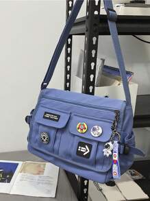 Túi Messenger Dây đeo có thể điều chỉnh màu trơn Preppy với huy hiệu ngẫu nhiên Túi đi học dành cho sinh viên mới tốt nghiệp, cô gái tuổi teen, sinh viên năm nhất, sinh viên năm hai, sinh viên năm cuối và trung học phổ thông, trường đại học và trung học phổ thông, hoàn hảo cho hoạt động ngoài trời, du lịch và quay lại trường học - Màu xanh lam - Xem 4