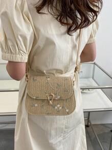 Mini Straw Bag Floral Embroidered Flap Vacation Valentines, Perfectly Matching With Vacation Outfits Women - Khaki - View 5