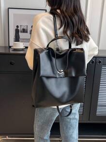 Minimalist Flap Backpack Twist Lock, School Supplies, School Backpack, School Bag, Backpack For School, Back To School Backpack, School Bookbag, Big Backpack, Backpack School, Back To School Bags, Large Capacity, Waterproof, Lightweight, Portable, Business Casual, Suitable For Teen Girls Women College Students, Teacher, White-Collar Workers, Perfect For Back To School, First Day Of School, College, Work, Business, Commute, Office - Black - View 1