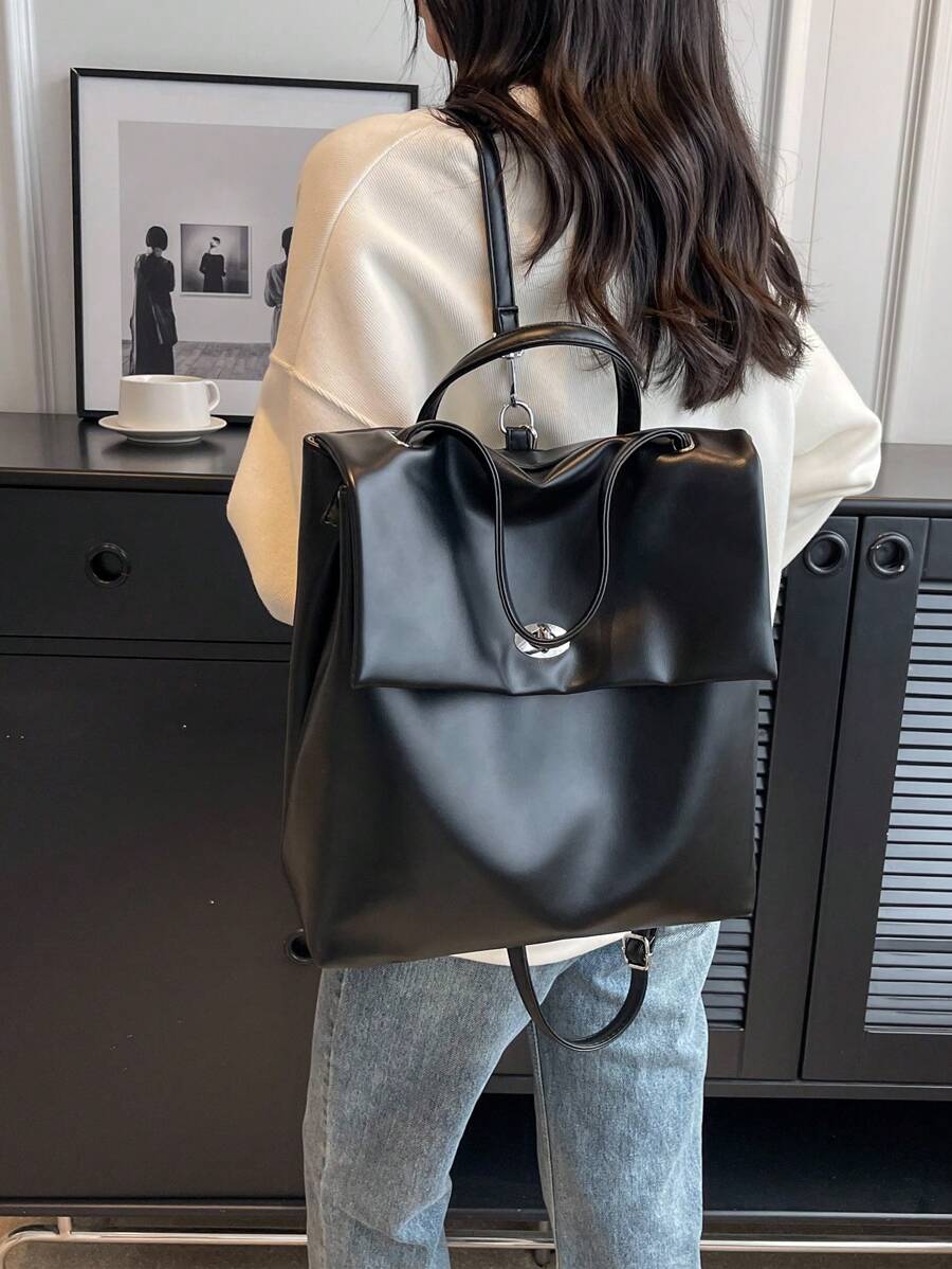 Minimalist Flap Backpack Twist Lock, School Supplies, School Backpack, School Bag, Backpack For School, Back To School Backpack, School Bookbag, Big Backpack, Backpack School, Back To School Bags, Large Capacity, Waterproof, Lightweight, Portable, Business Casual, Suitable For Teen Girls Women College Students, Teacher, White-Collar Workers, Perfect For Back To School, First Day Of School, College, Work, Business, Commute, Office - Black - View 1